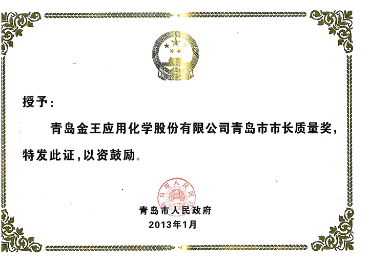 青岛市市长质量奖证书